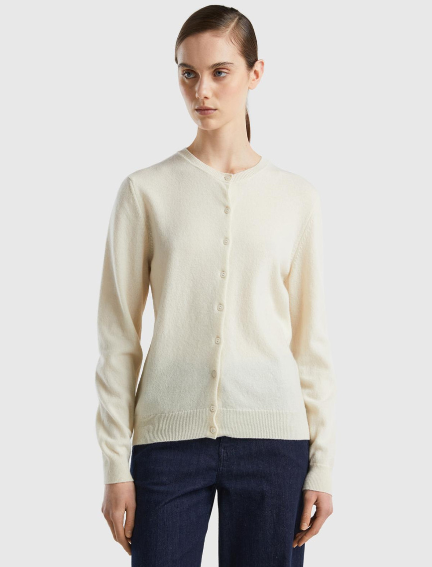 Kadın Krem Bisiklet Yaka %100 Merino Hırka