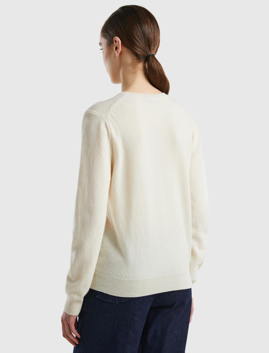 Kadın Krem Bisiklet Yaka %100 Merino Hırka