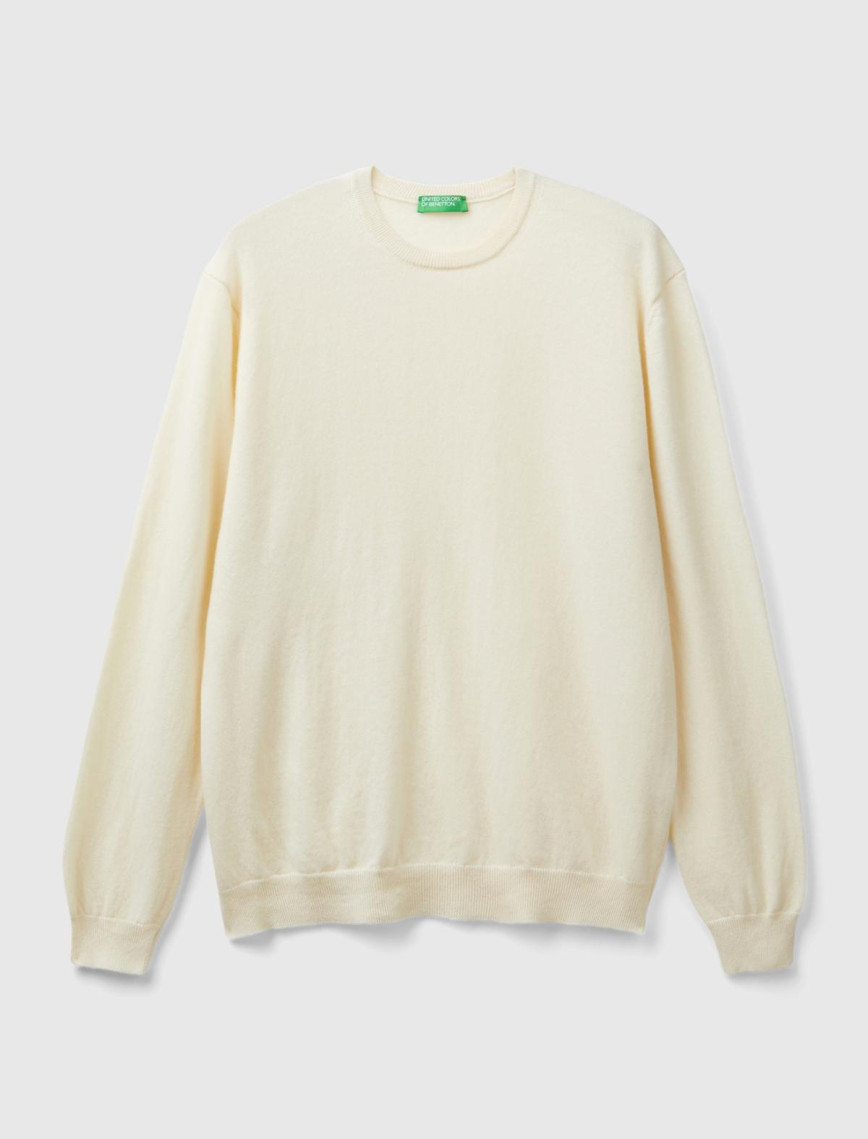 Erkek Krem Bisiklet Yaka %100 Merino Kazak