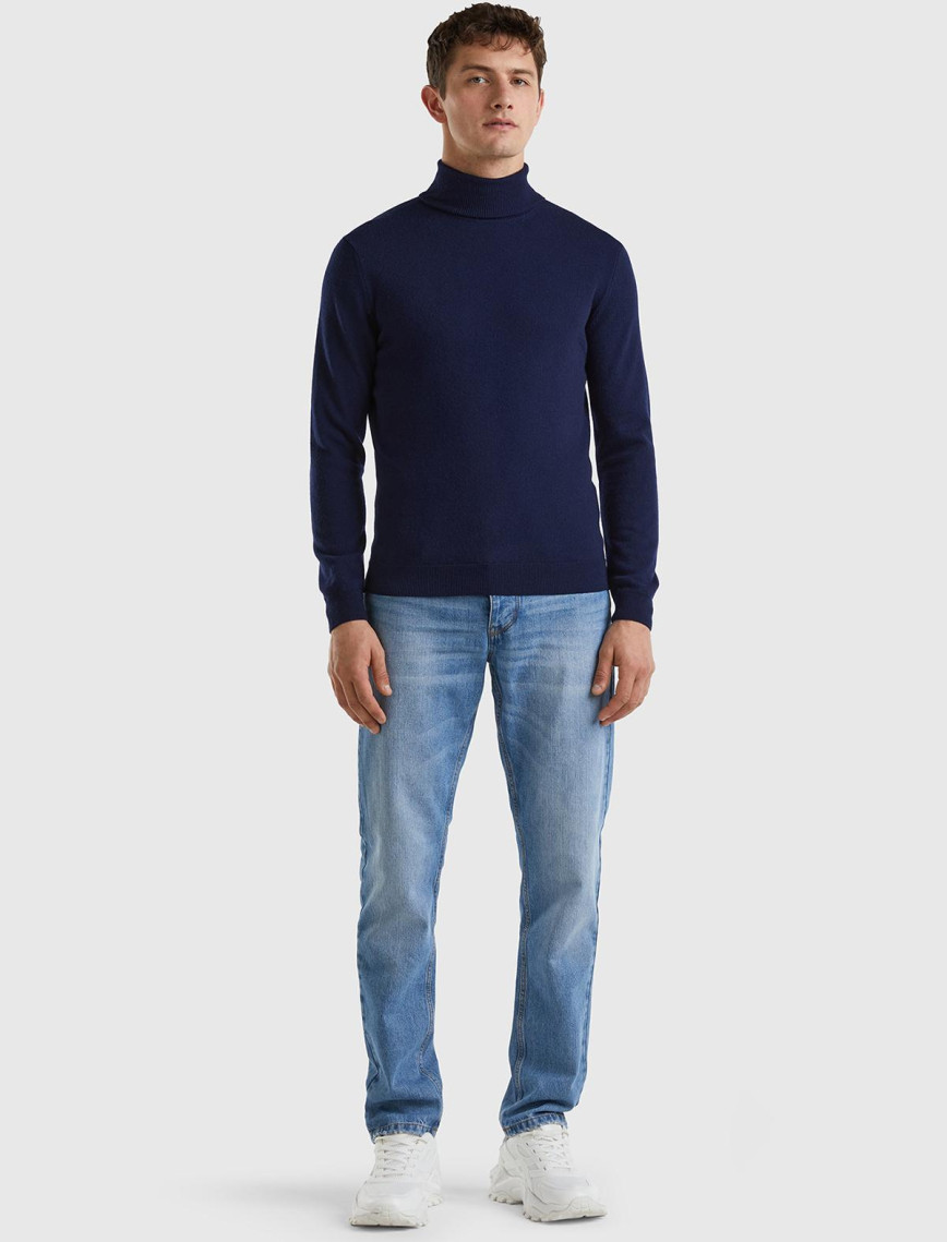 Erkek Lacivert Boğazlı %100 Merino Kazak