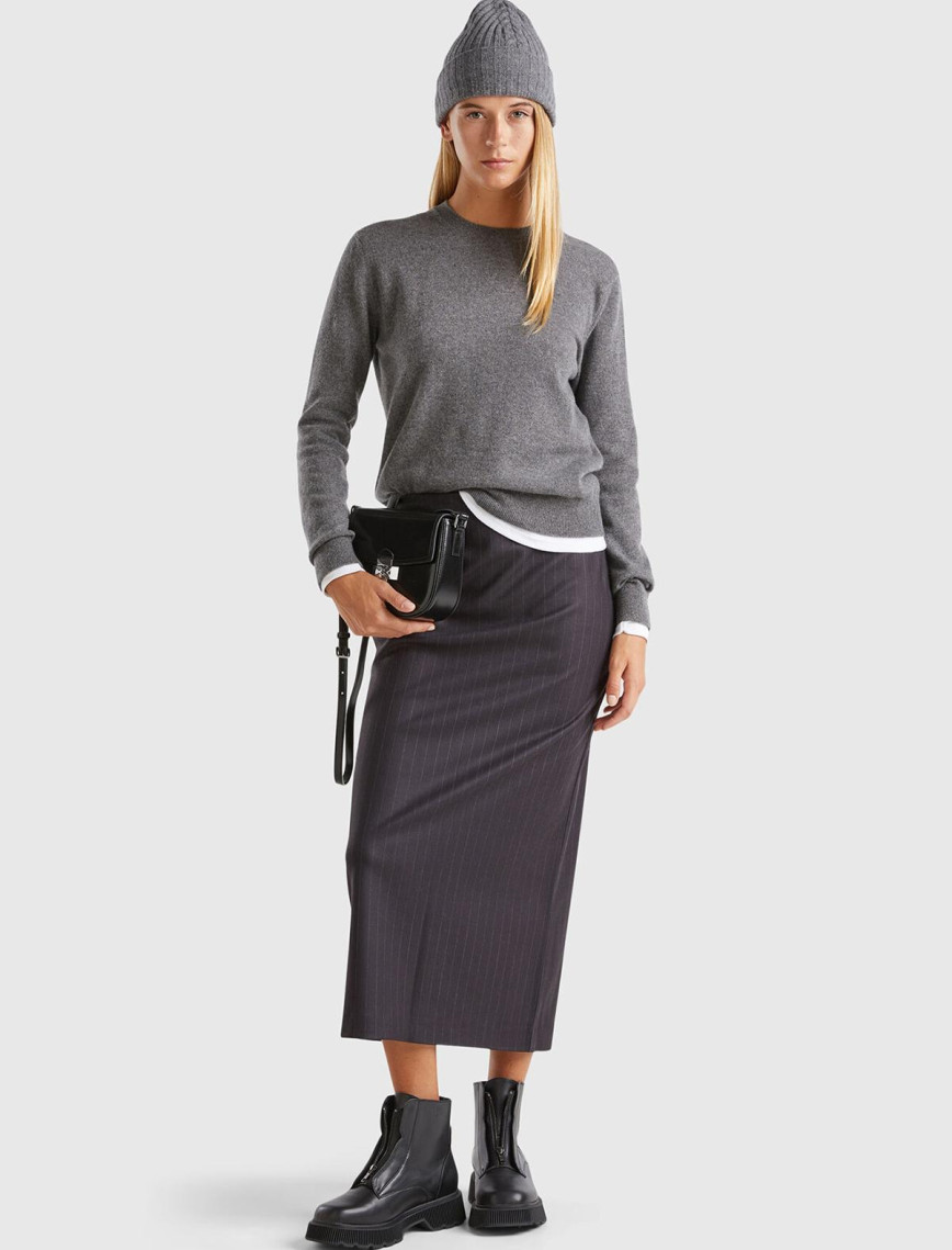 Kadın Antrasit Melanj %100 Kaşmir Yuvarlak Yaka Düz Kazak