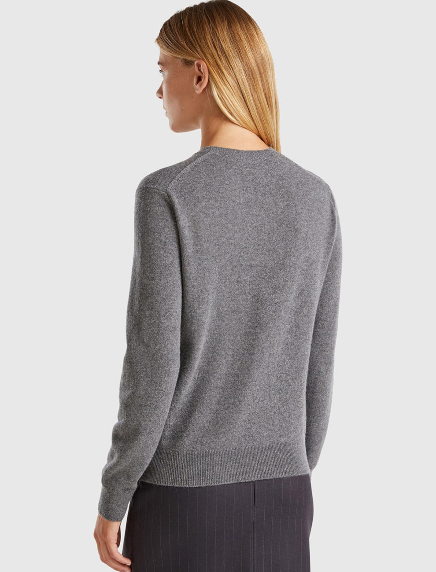 Kadın Antrasit Melanj %100 Kaşmir Yuvarlak Yaka Düz Kazak