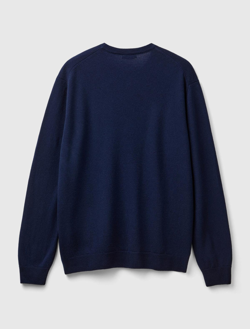 Erkek Lacivert Bisiklet Yaka %100 Merino Kazak