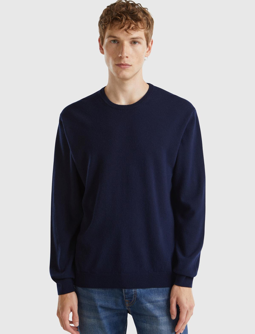 Erkek Lacivert Bisiklet Yaka %100 Merino Kazak