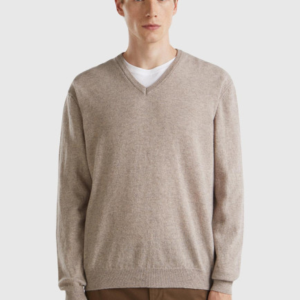 Erkek Bej Melanj V Yaka %100 Merino Kazak Erkek Bej Melanj V Yaka %100 Merino Kazak