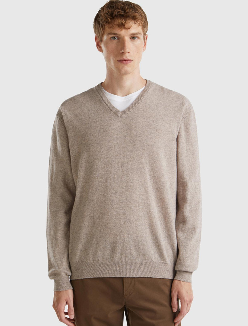 Erkek Lacivert V Yaka %100 Merino Kazak