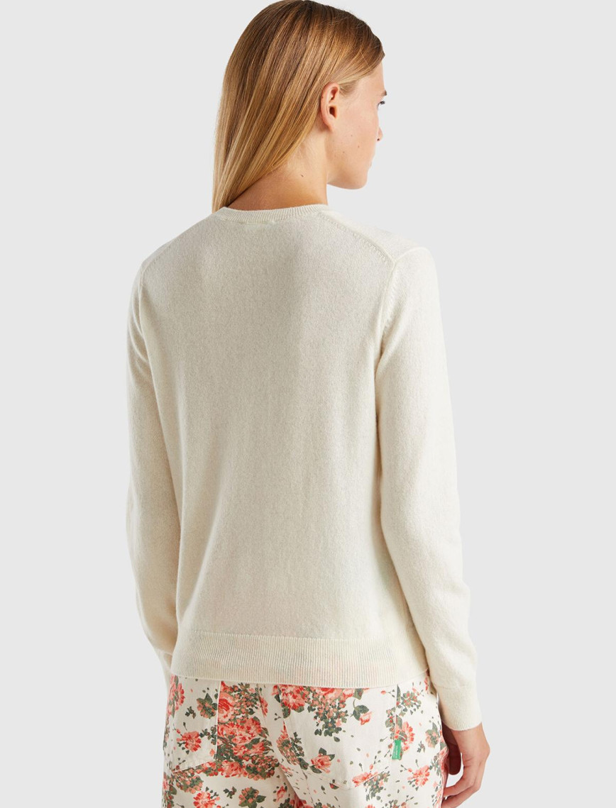 Kadın Krem %100 Kaşmir Yuvarlak Yaka Düz Kazak