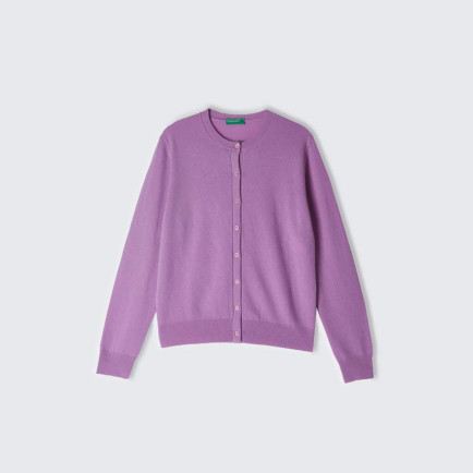 Kadın Lila %100 Kaşmir Yuvarlak Yaka Önü Düğme İliklemeli Hırka