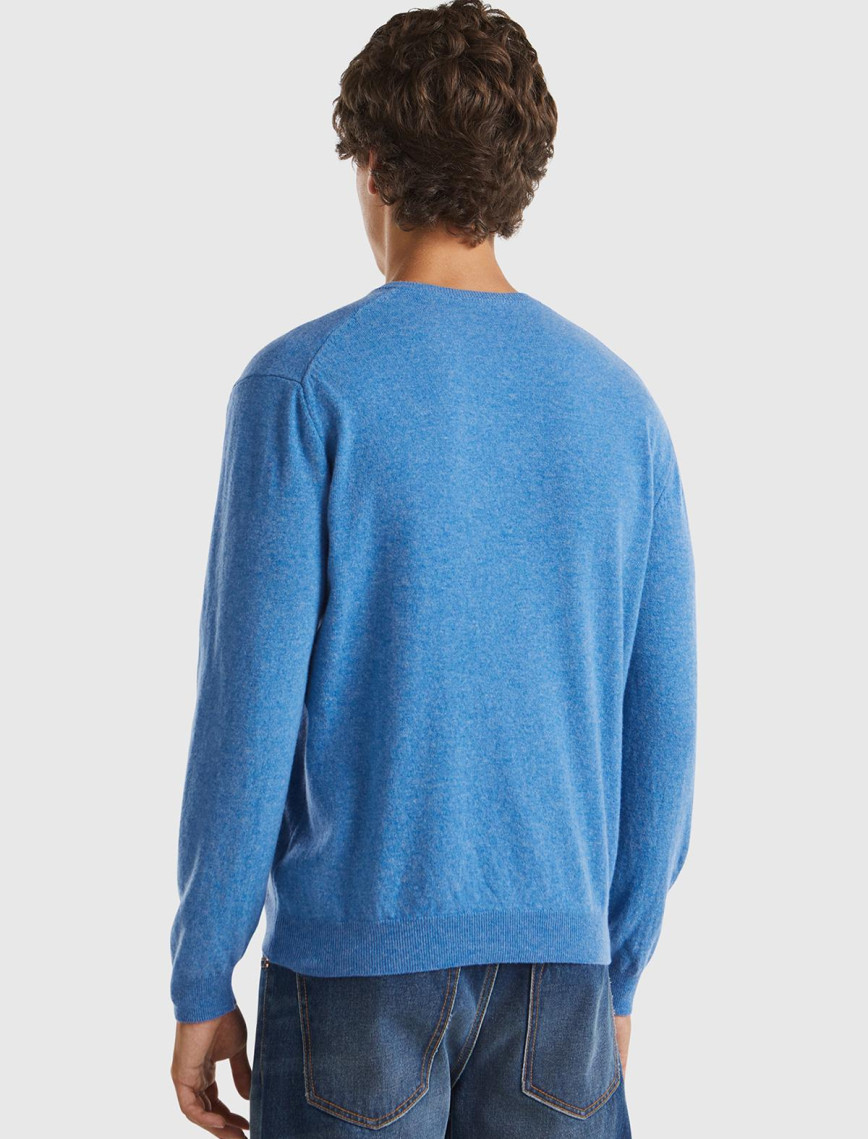 Erkek Mavi Melanj V Yaka %100 Merino Kazak