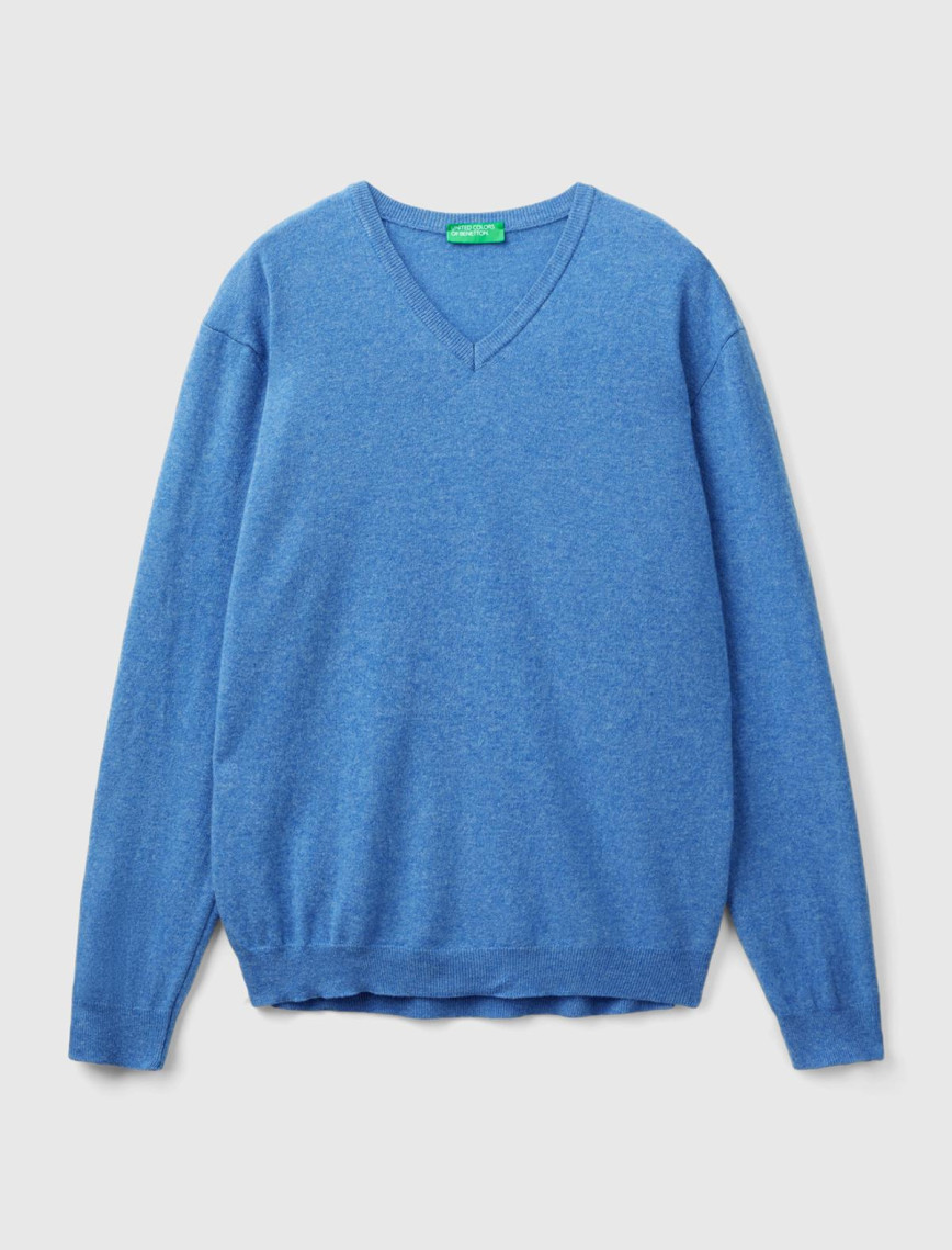 Erkek Mavi Melanj V Yaka %100 Merino Kazak