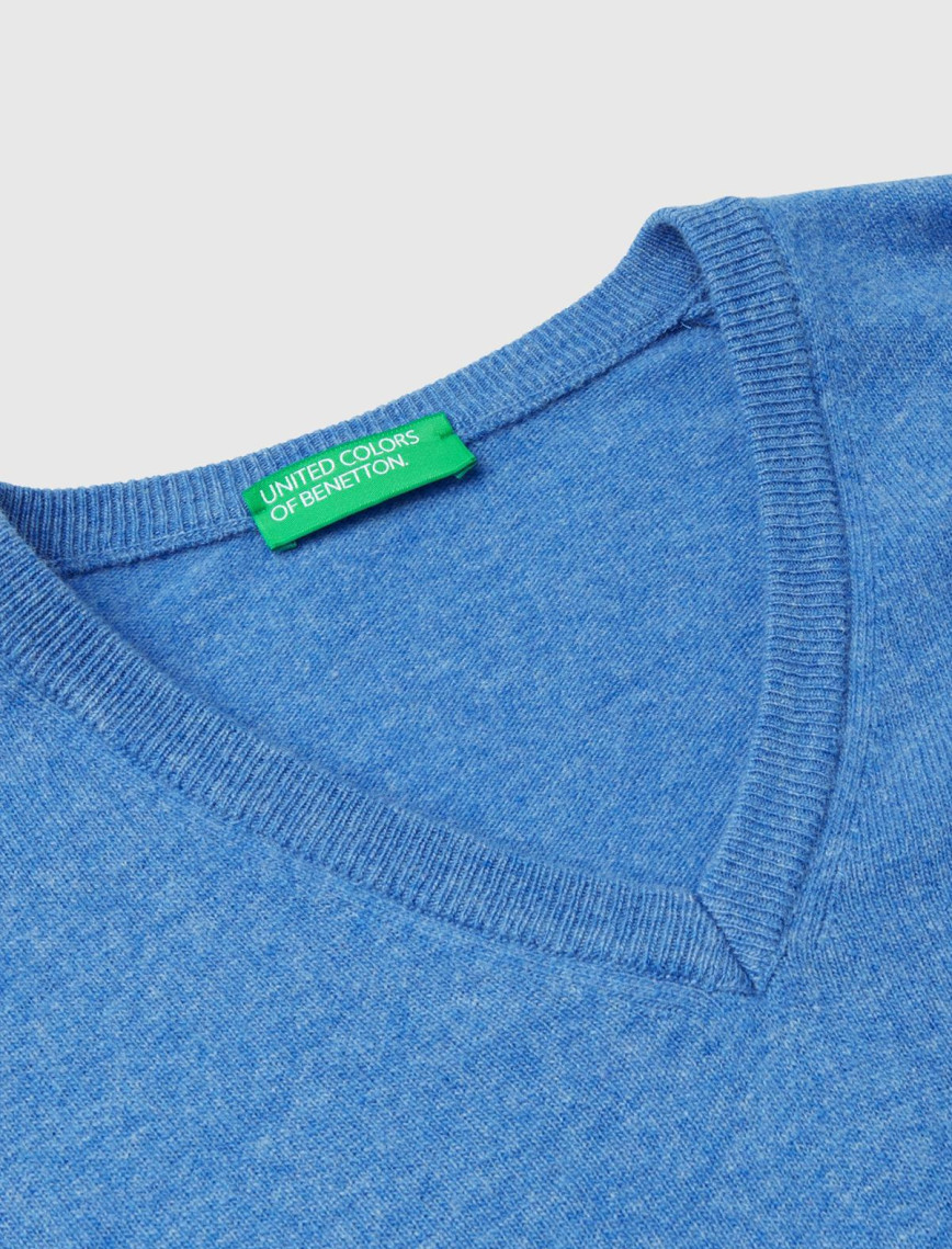 Erkek Mavi Melanj V Yaka %100 Merino Kazak