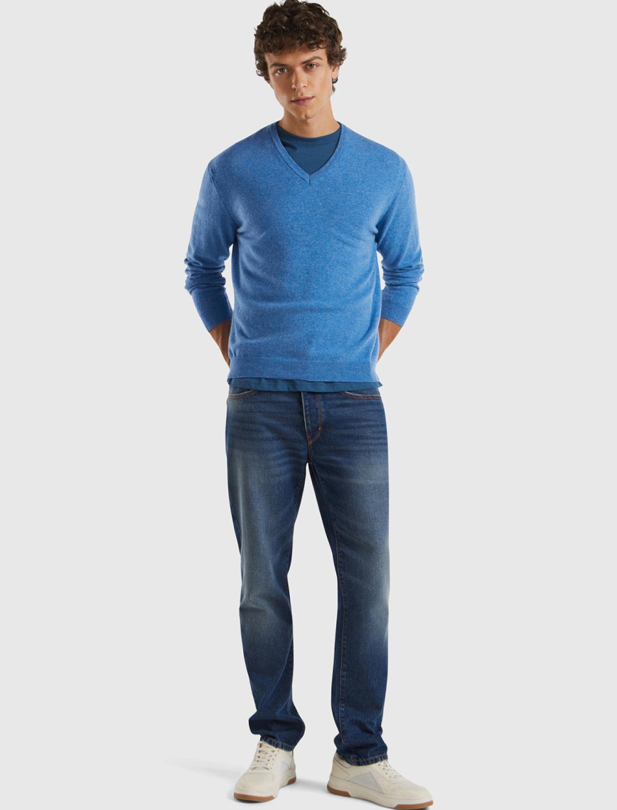 Erkek Mavi Melanj V Yaka %100 Merino Kazak