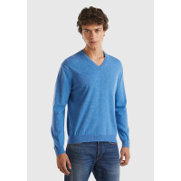 Erkek Mavi Melanj V Yaka %100 Merino Kazak