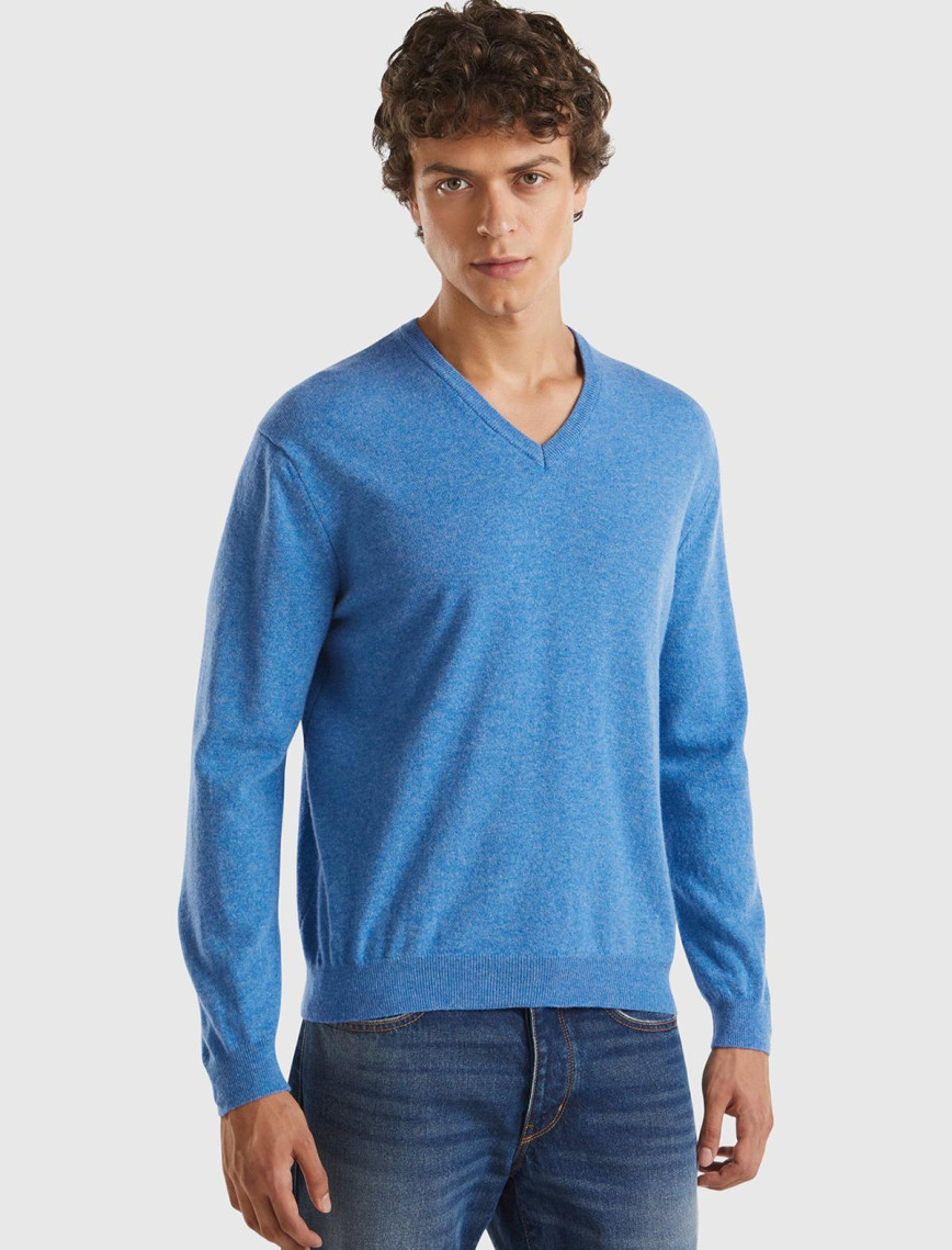 Erkek Mavi Melanj V Yaka %100 Merino Kazak