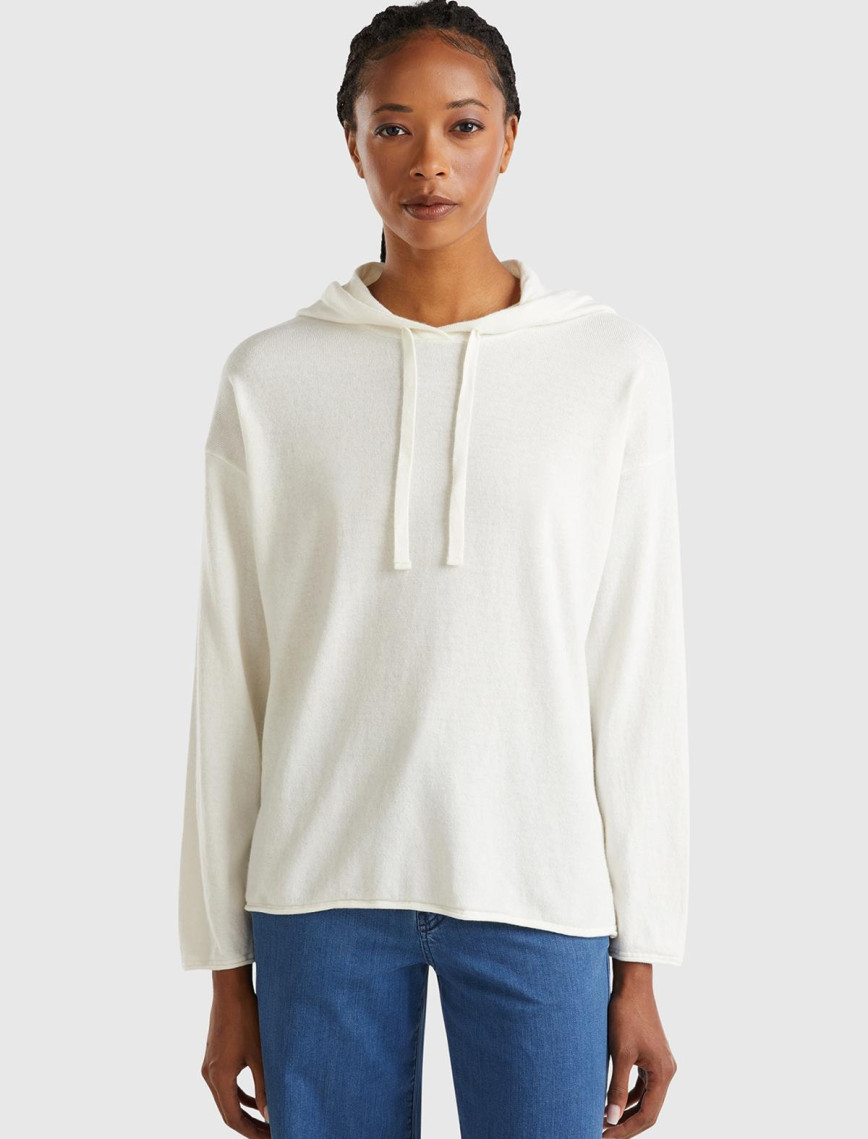 Kadın Krem Kaşmir Karışımlı Kapşonlu Kazak Kadın Krem Kaşmir Karışımlı Kapşonlu Kazak