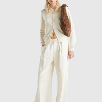 Kadın Krem %100 Kaşmir Yuvarlak Yaka Önü Düğme İliklemeli Hırka