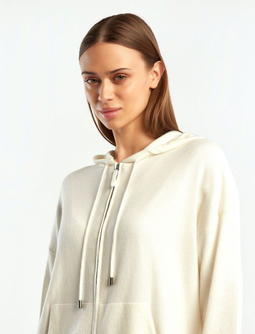 Kadın Krem Kapüşonlu Kaşmir Karışımlı Triko Eşofman Üstü Kadın Krem Kapüşonlu Kaşmir Karışımlı Triko Eşofman Üstü
