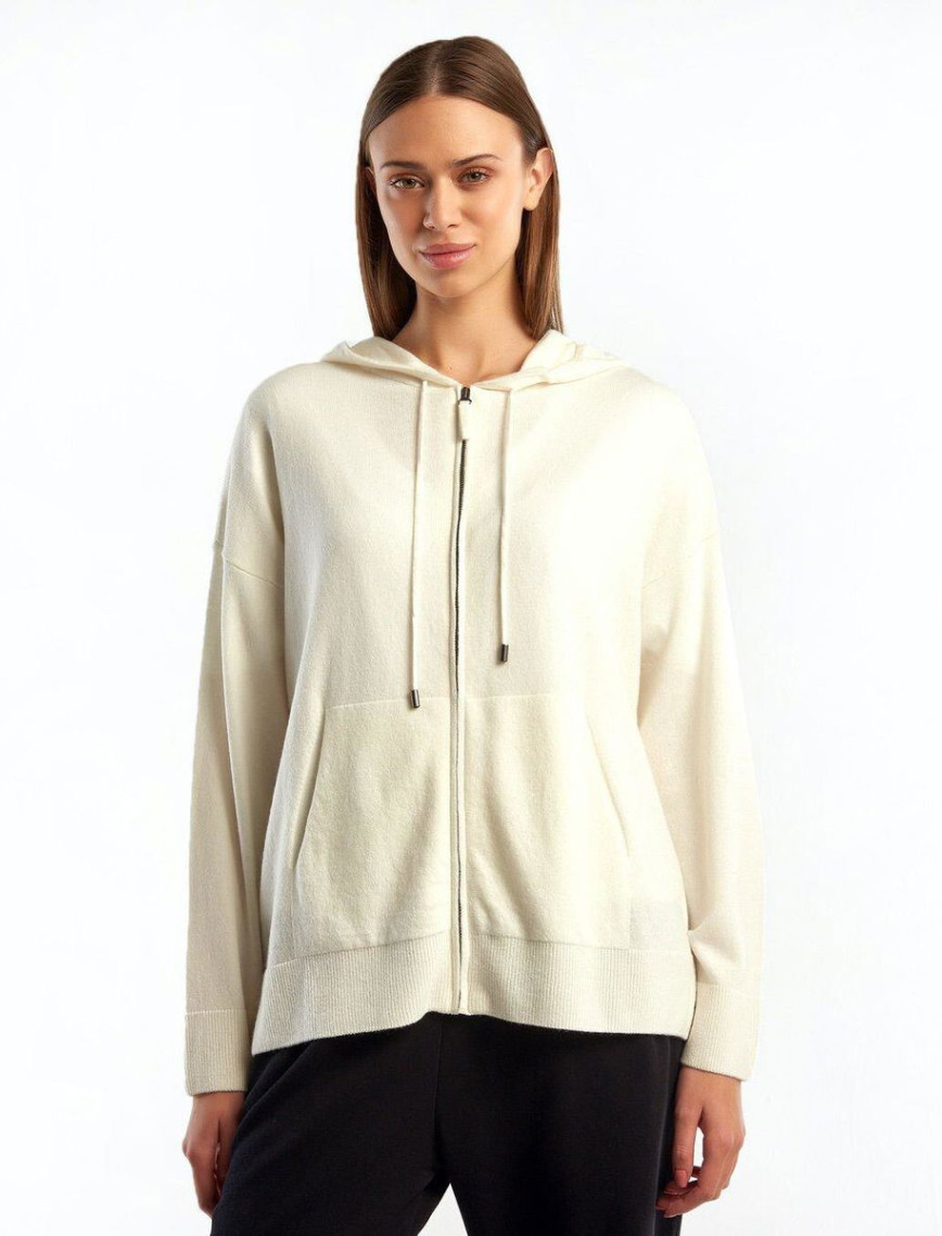 Kadın Krem Kapüşonlu Kaşmir Karışımlı Triko Eşofman Üstü Kadın Krem Kapüşonlu Kaşmir Karışımlı Triko Eşofman Üstü