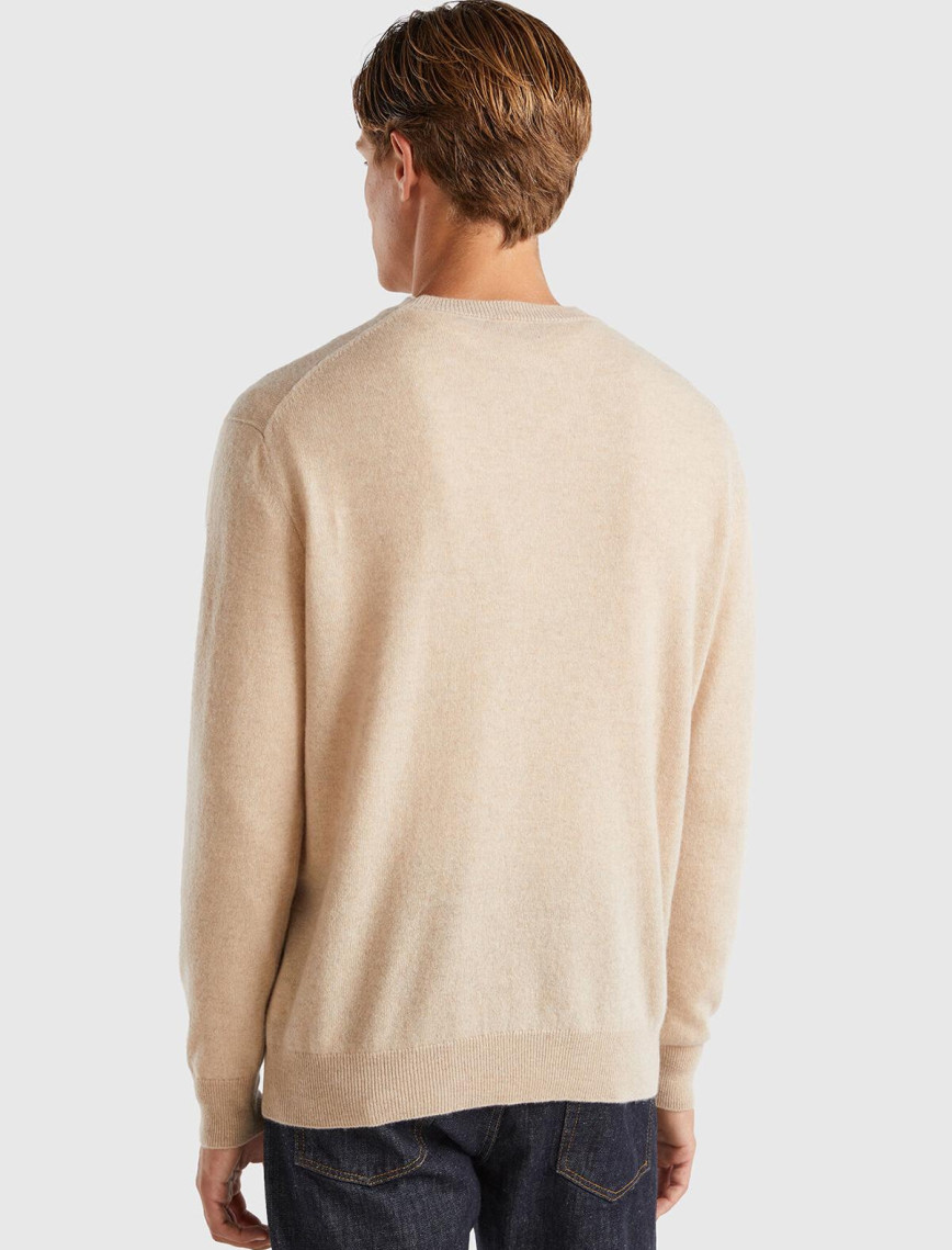 Erkek Bej Melanj %100 Kaşmir Normal Kesim Ribanalı Yuvarlak Yaka Kazak Erkek Bej Melanj %100 Kaşmir Normal Kesim Ribanalı Yuvarlak Yaka Kazak