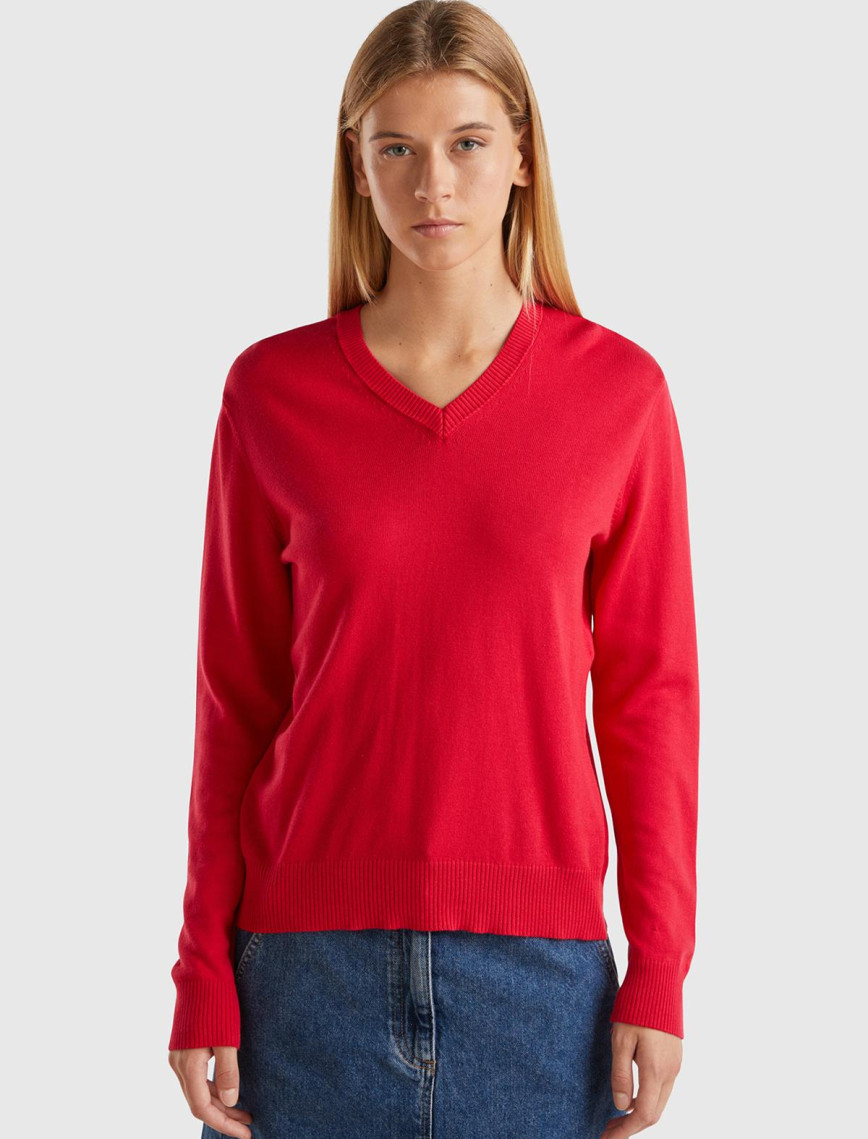 Kadın Kırmızı Pamuk ve Modal Karışımlı Önü V Arkası Yuvarlak Yaka Kazak Kadın Kırmızı Pamuk ve Modal Karışımlı Önü V Arkası Yuvarlak Yaka Kazak