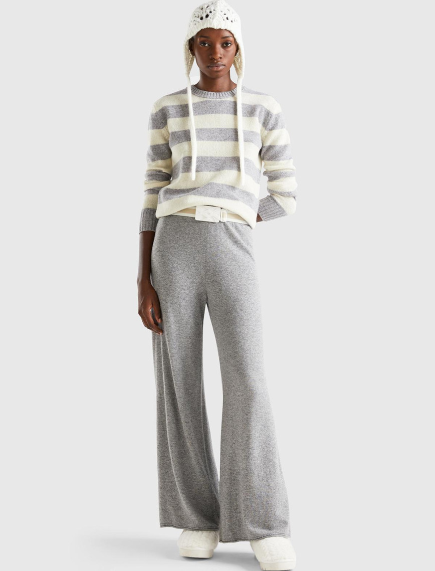 Kadın Gri Melanj %100 Yün Çizgili Shetland Kazak Kadın Gri Melanj %100 Yün Çizgili Shetland Kazak