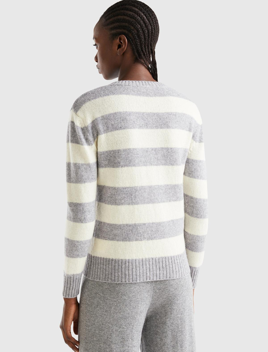 Kadın Gri Melanj %100 Yün Çizgili Shetland Kazak Kadın Gri Melanj %100 Yün Çizgili Shetland Kazak