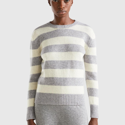 Kadın Gri Melanj %100 Yün Çizgili Shetland Kazak