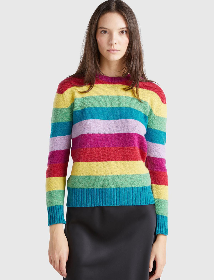 Kadın Çok Renkli %100 Yün Çizgili Shetland Kazak Kadın Çok Renkli %100 Yün Çizgili Shetland Kazak