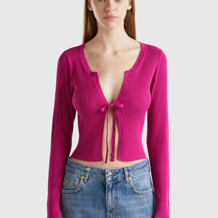 Kadın Fuşya Viskoz Karışımlı Önü Bağlama Detaylı Geniş V Yaka Hırka