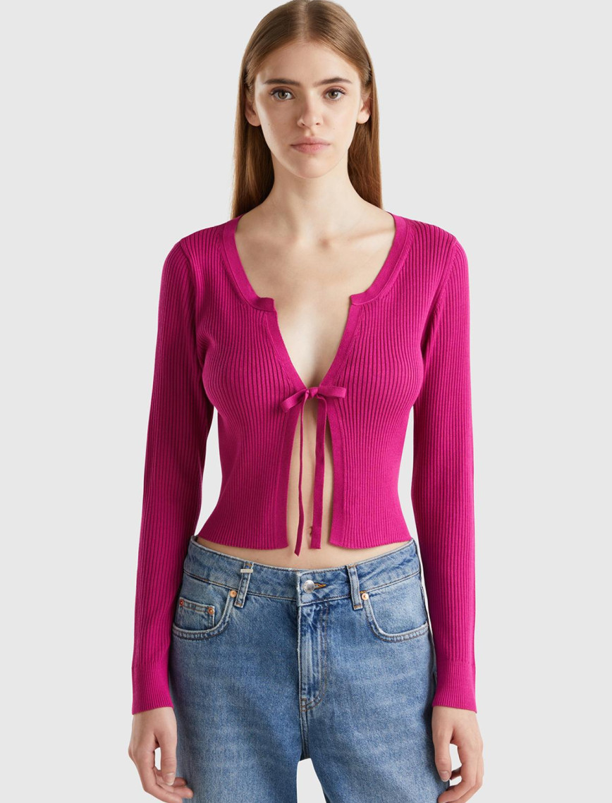 Kadın Krem Viskoz Karışımlı Önü Bağlama Detaylı Geniş V Yaka Hırka