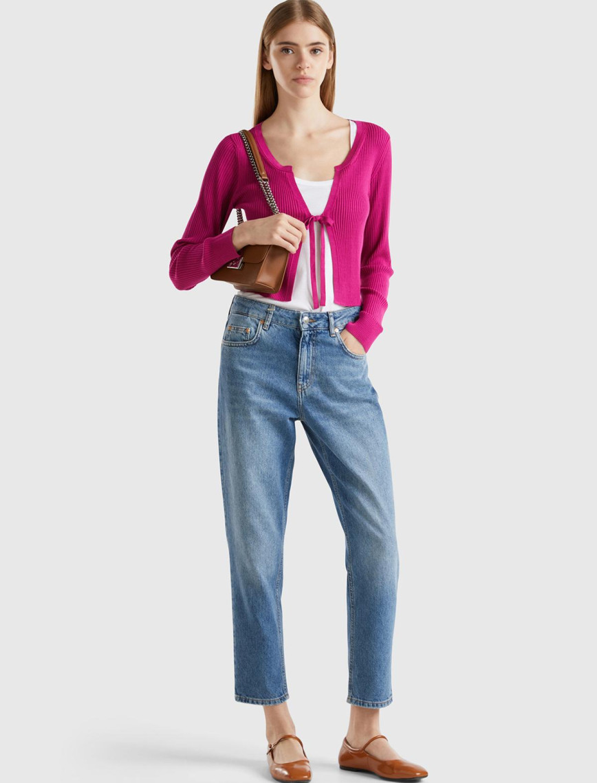 Kadın Fuşya Viskoz Karışımlı Önü Bağlama Detaylı Geniş V Yaka Hırka