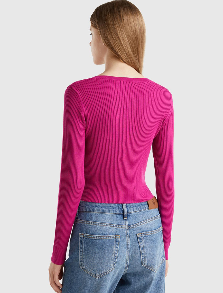 Kadın Fuşya Viskoz Karışımlı Önü Bağlama Detaylı Geniş V Yaka Hırka