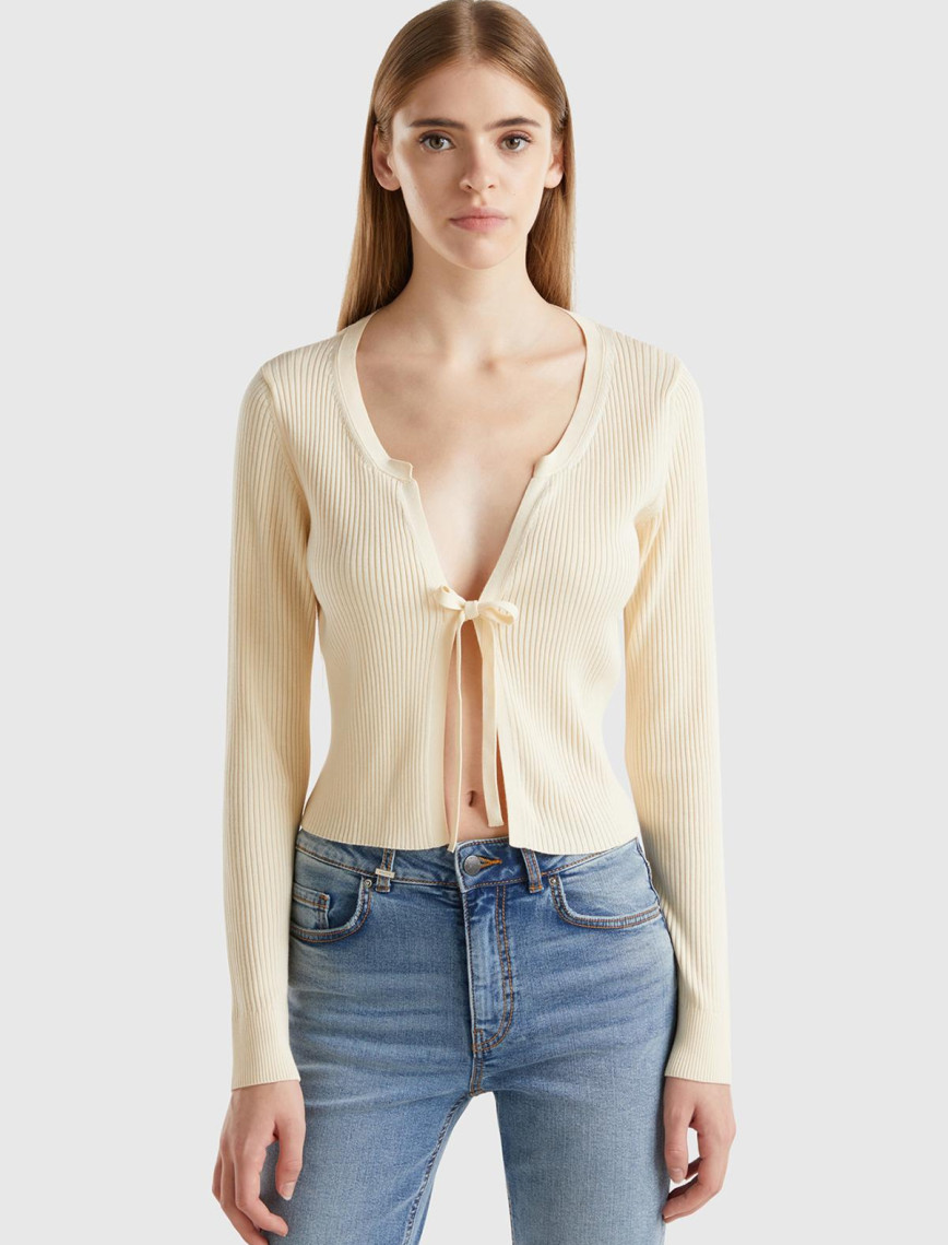 Kadın Krem Viskoz Karışımlı Önü Bağlama Detaylı Geniş V Yaka Hırka