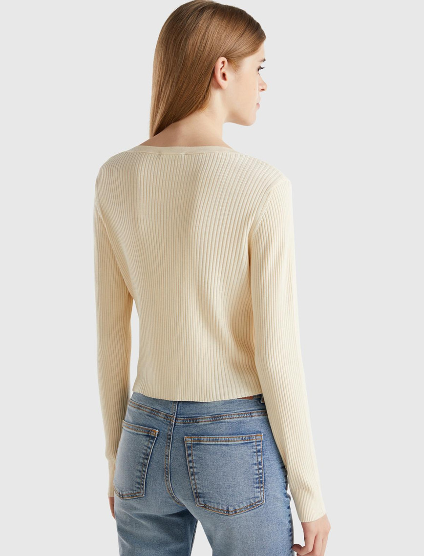 Kadın Krem Viskoz Karışımlı Önü Bağlama Detaylı Geniş V Yaka Hırka