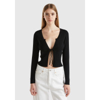 Kadın Siyah Viskoz Karışımlı Önü Bağlama Detaylı Geniş V Yaka Hırka