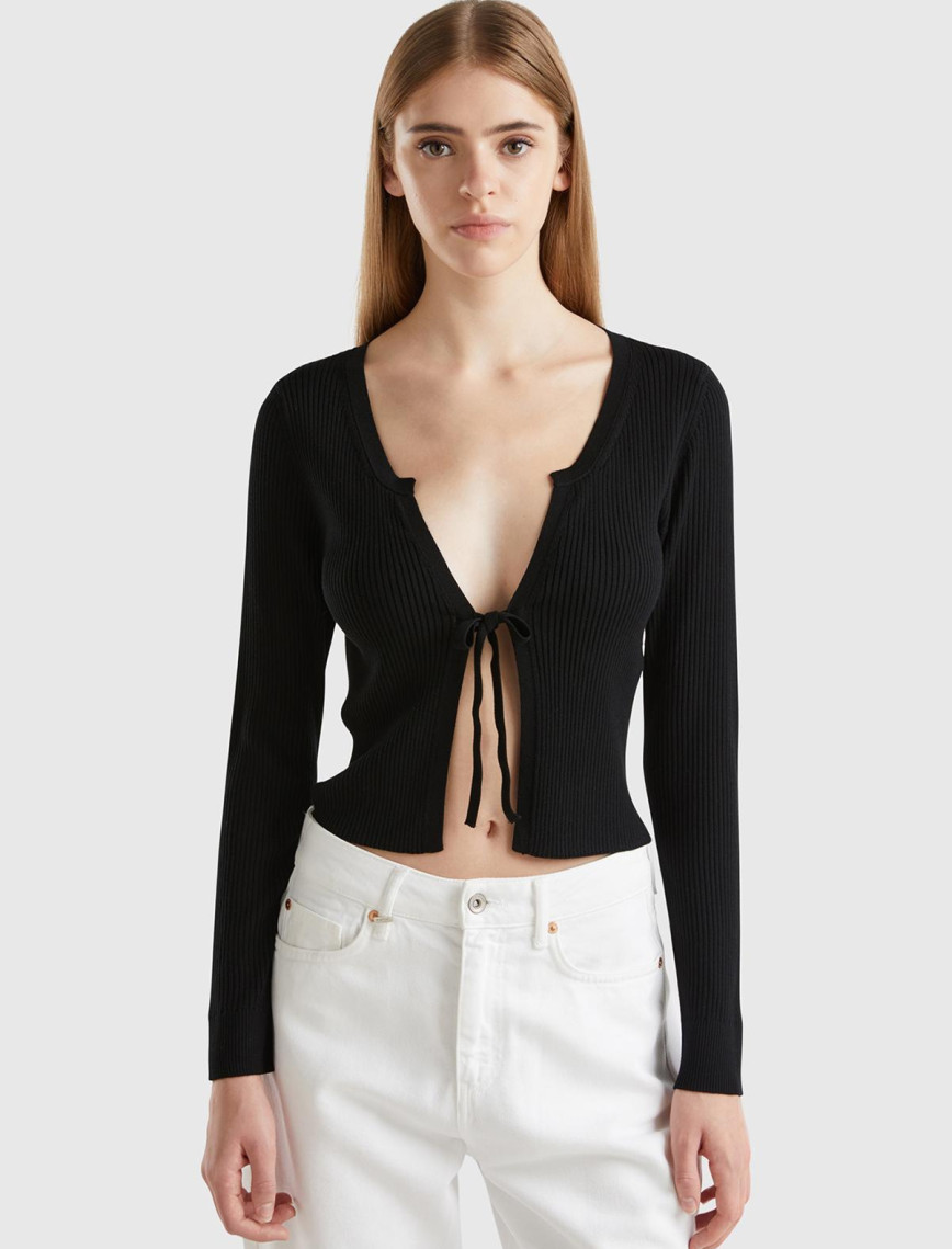 Kadın Krem Viskoz Karışımlı Önü Bağlama Detaylı Geniş V Yaka Hırka