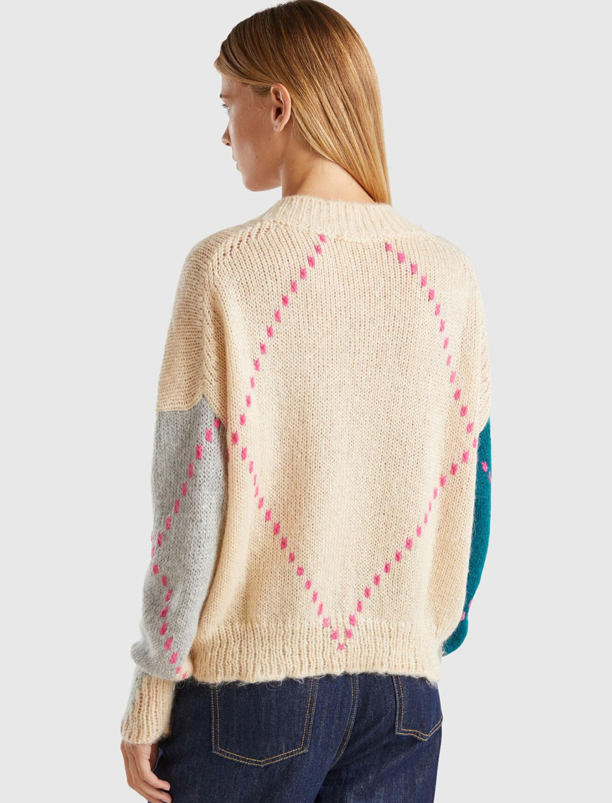 Kadın Bej Mix Moher Karışımlı Renk Detaylı Düşük Omuz V Yaka Kazak Kadın Bej Mix Moher Karışımlı Renk Detaylı Düşük Omuz V Yaka Kazak