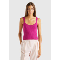 Kadın Fuşya Viskoz Karışımlı Nervür Detaylı Kare Yaka Askılı Üst