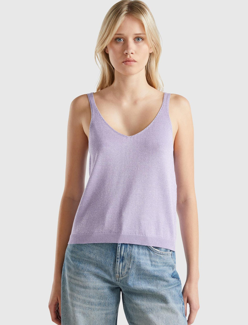 Kadın Turuncu Pamuk ve Viskoz Karışımlı Simli Geniş Yaka Askılı Üst