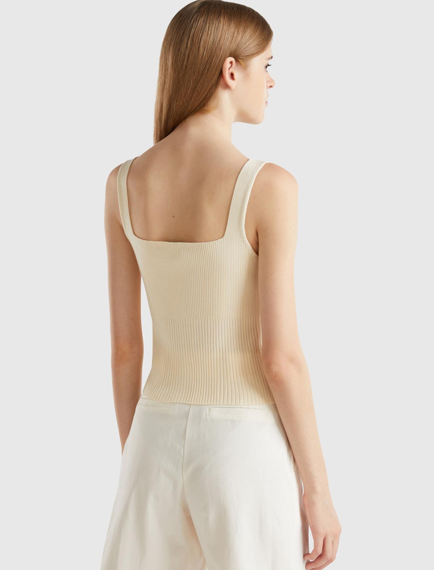 Kadın Krem Viskoz Karışımlı Nervür Detaylı Kare Yaka Askılı Üst