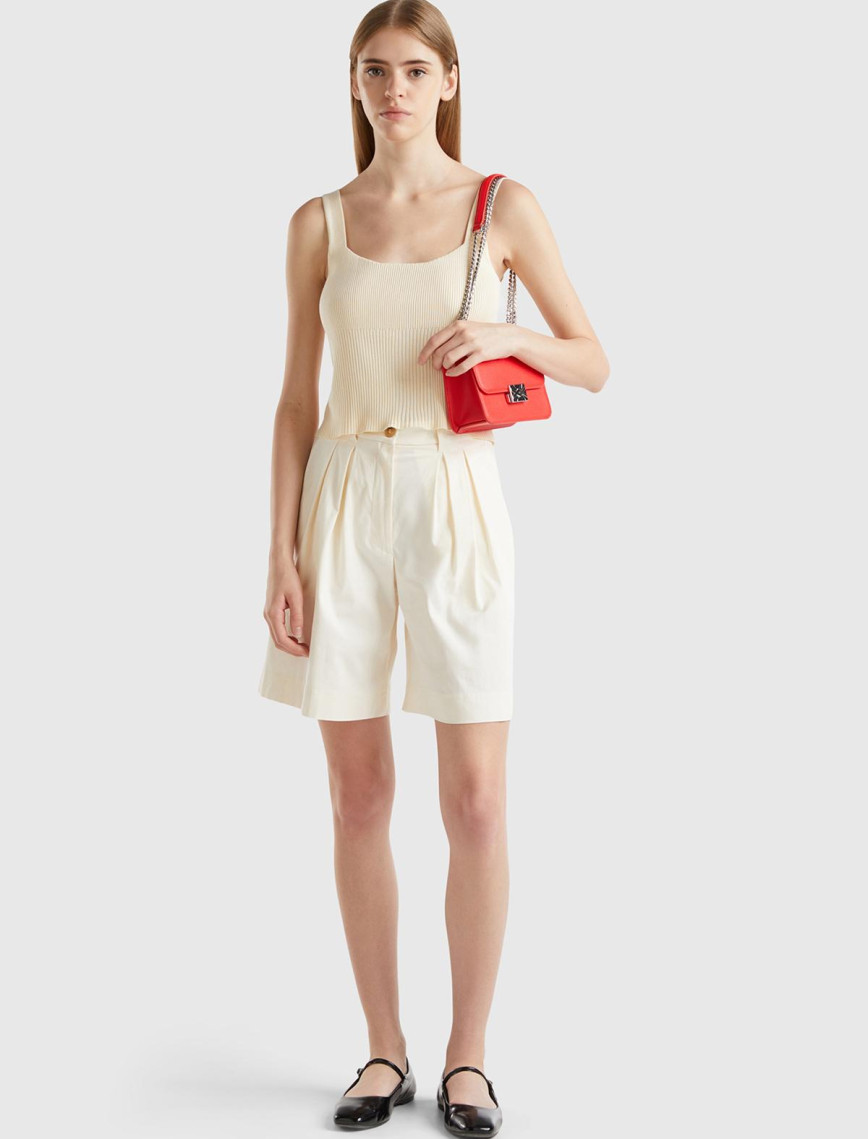 Kadın Krem Viskoz Karışımlı Nervür Detaylı Kare Yaka Askılı Üst