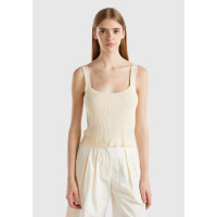 Kadın Krem Viskoz Karışımlı Nervür Detaylı Kare Yaka Askılı Üst