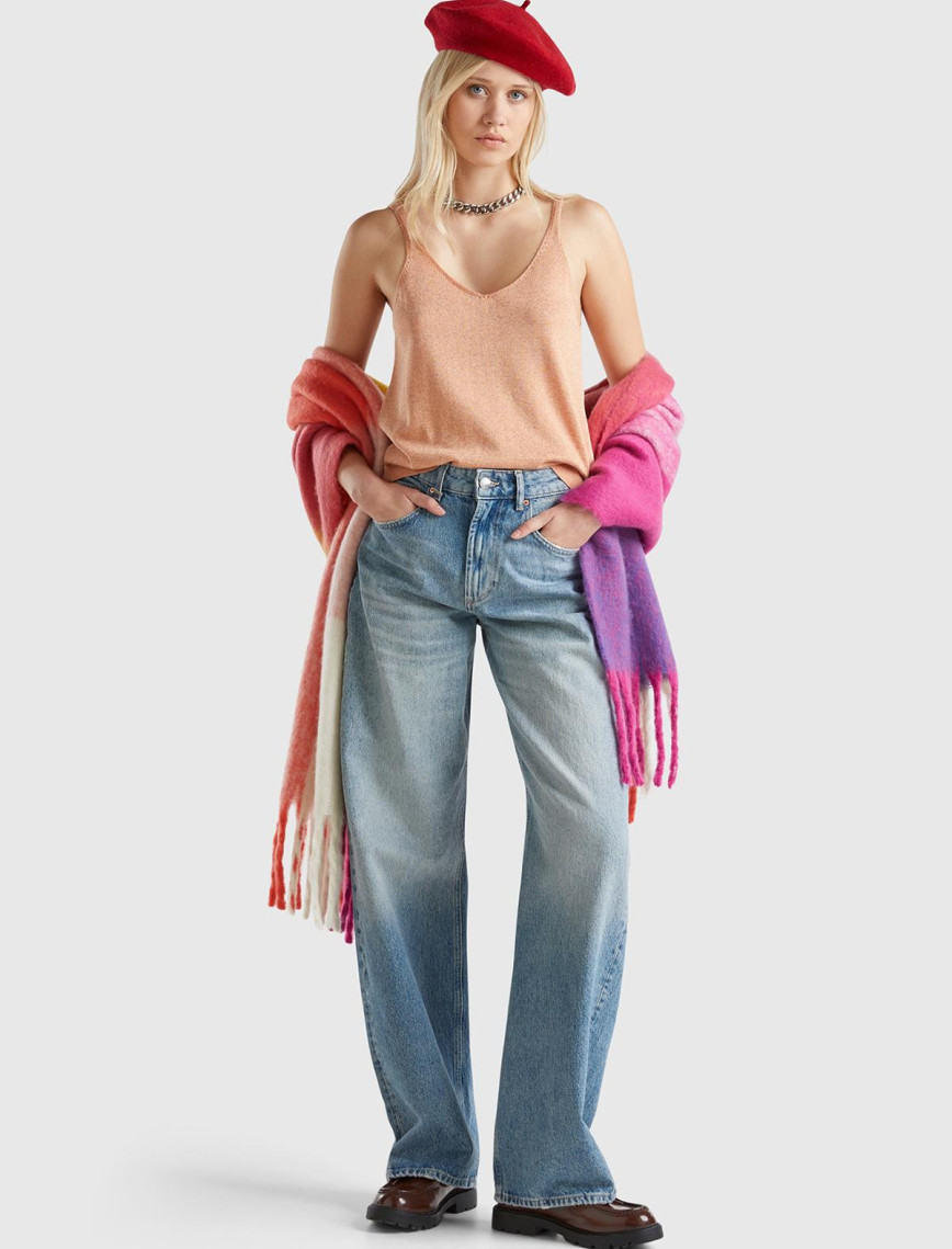 Kadın Turuncu Pamuk ve Viskoz Karışımlı Simli Geniş Yaka Askılı Üst