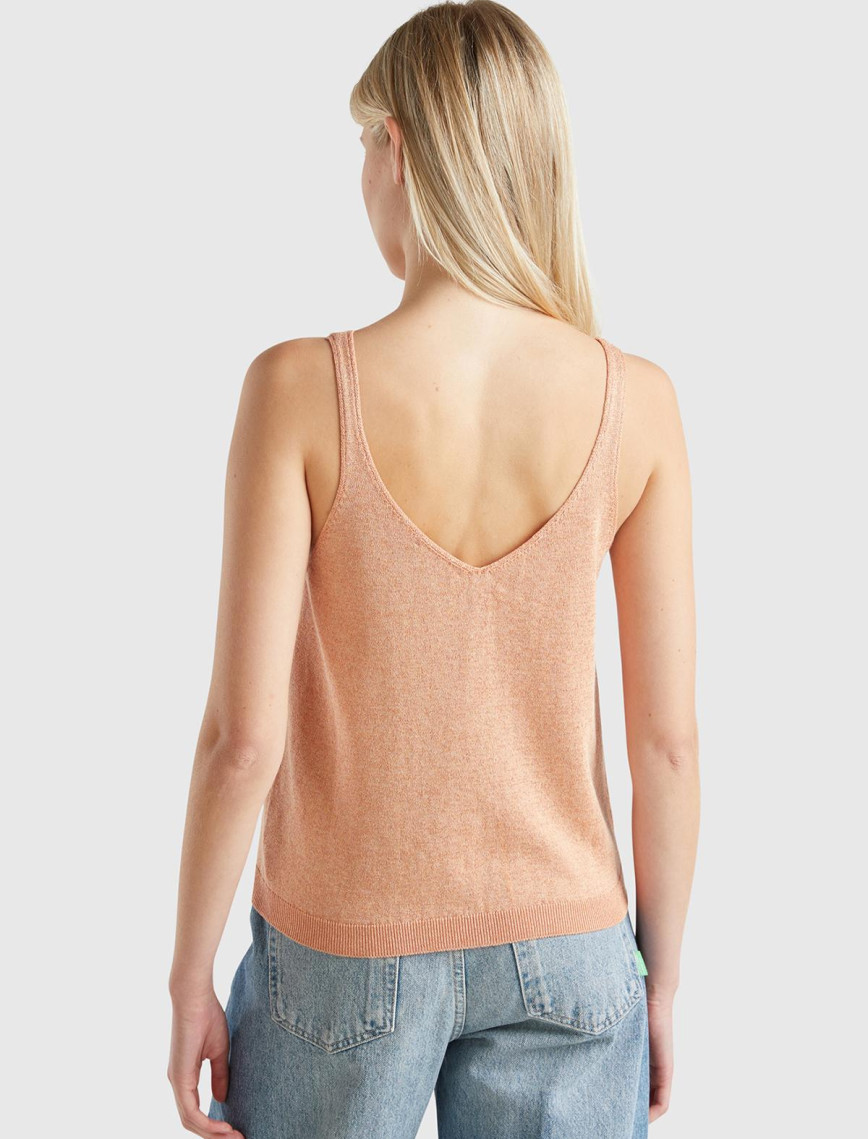 Kadın Turuncu Pamuk ve Viskoz Karışımlı Simli Geniş Yaka Askılı Üst