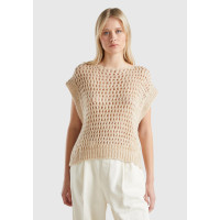 Kadın Bej Viskoz Karışımlı Delik Detaylı Kolsuz Kayık Yaka Kazak