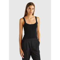 Kadın Siyah Viskoz Karışımlı Nervür Detaylı Kare Yaka Askılı Üst