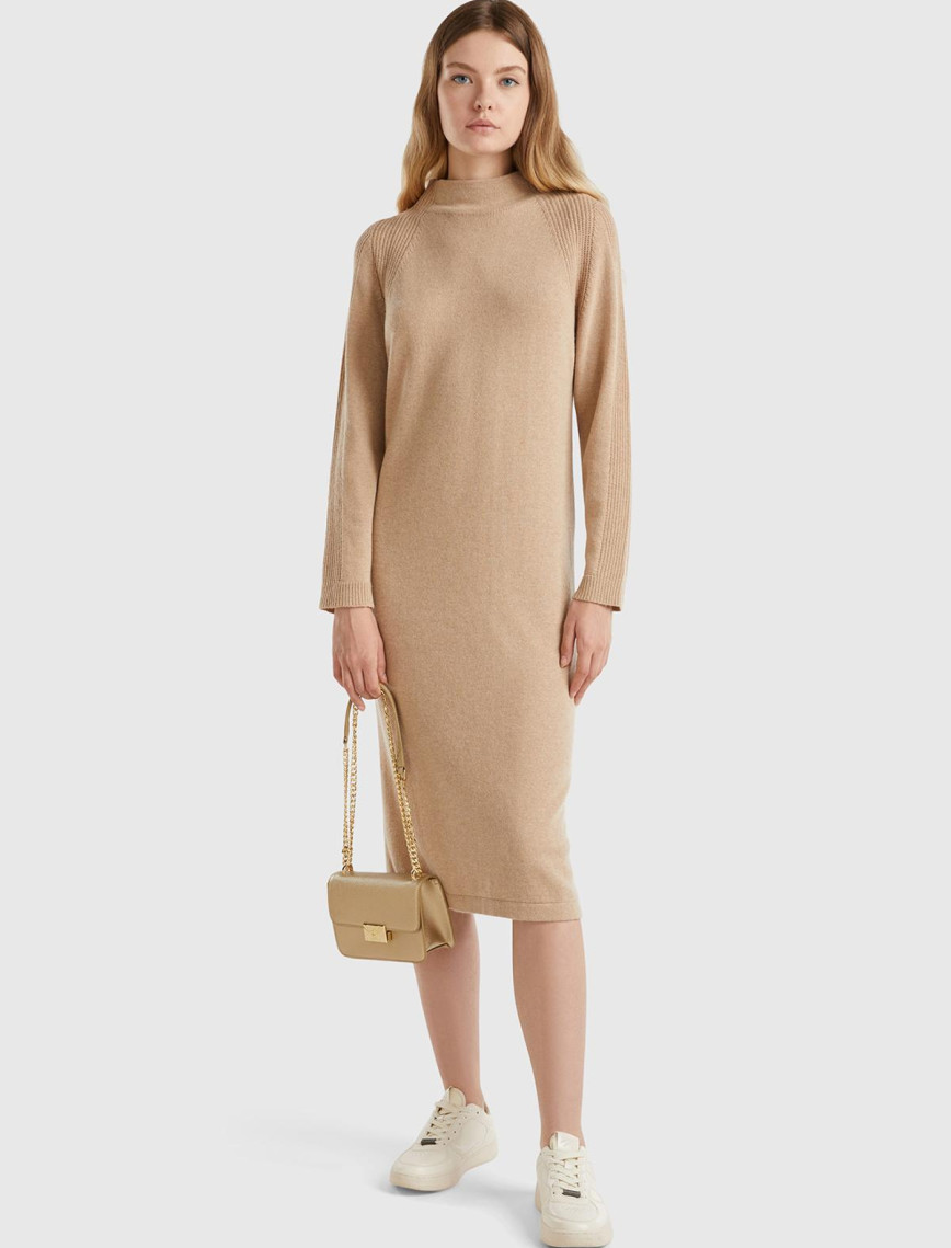 Kadın Bej Yün ve Kaşmir Karışımlı Uzun Dik Yaka Elbise Kadın Bej Yün ve Kaşmir Karışımlı Uzun Dik Yaka Elbise