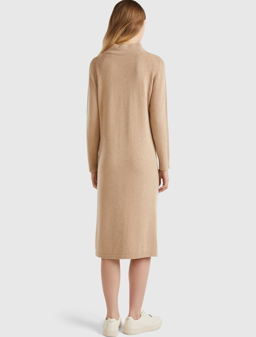 Kadın Bej Yün ve Kaşmir Karışımlı Uzun Dik Yaka Elbise Kadın Bej Yün ve Kaşmir Karışımlı Uzun Dik Yaka Elbise