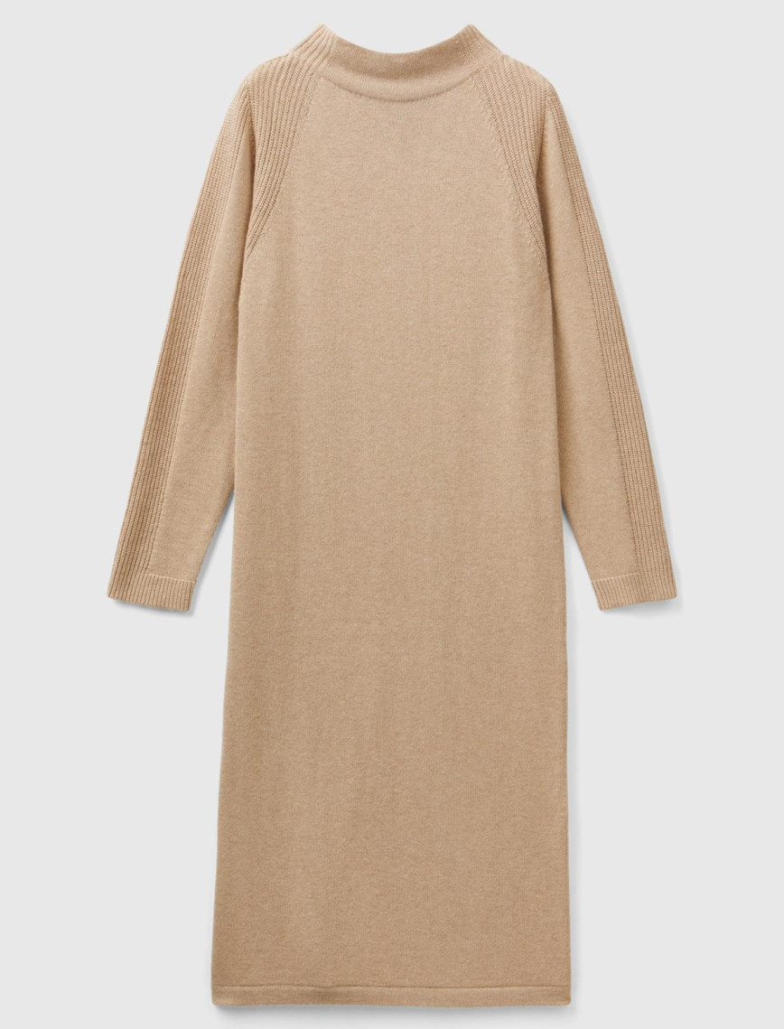 Kadın Bej Yün ve Kaşmir Karışımlı Uzun Dik Yaka Elbise Kadın Bej Yün ve Kaşmir Karışımlı Uzun Dik Yaka Elbise