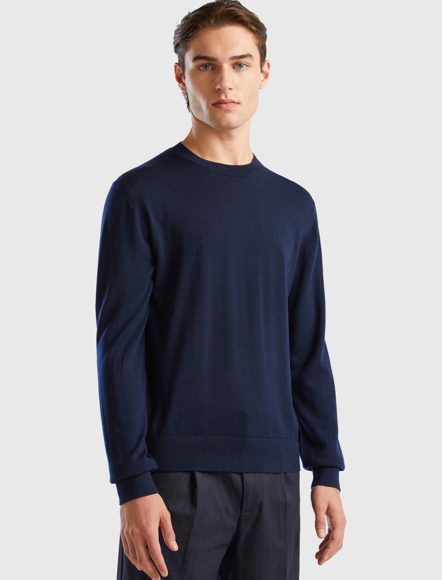 Erkek Lacivert %100 Extra Fine Merino Kazak